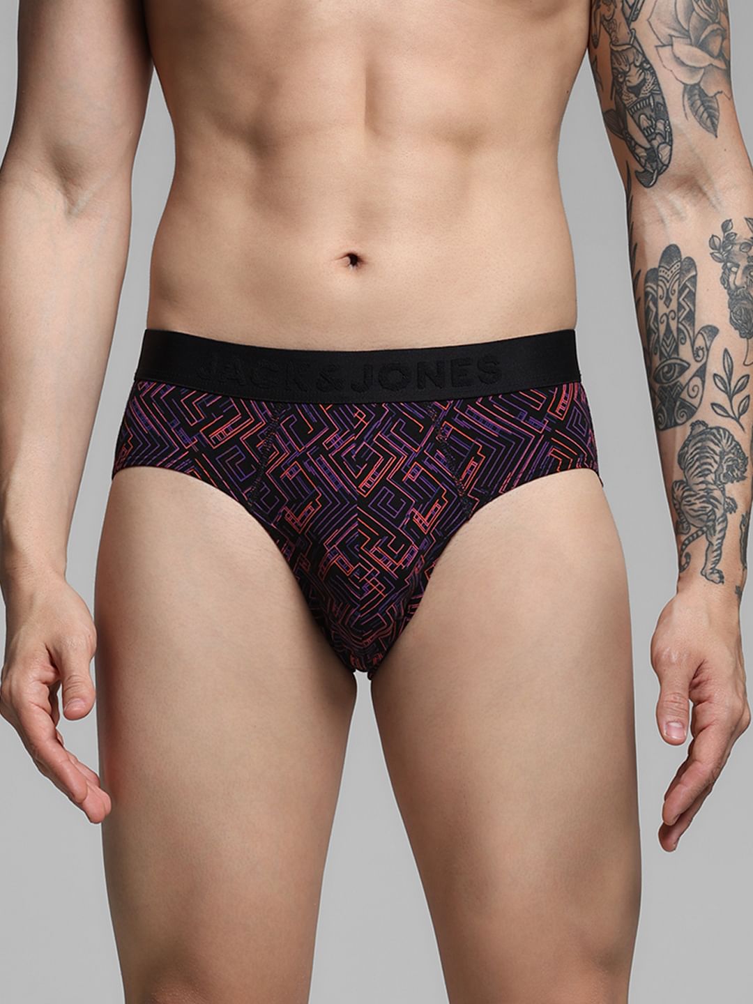 Black Abstract Print Briefs - S