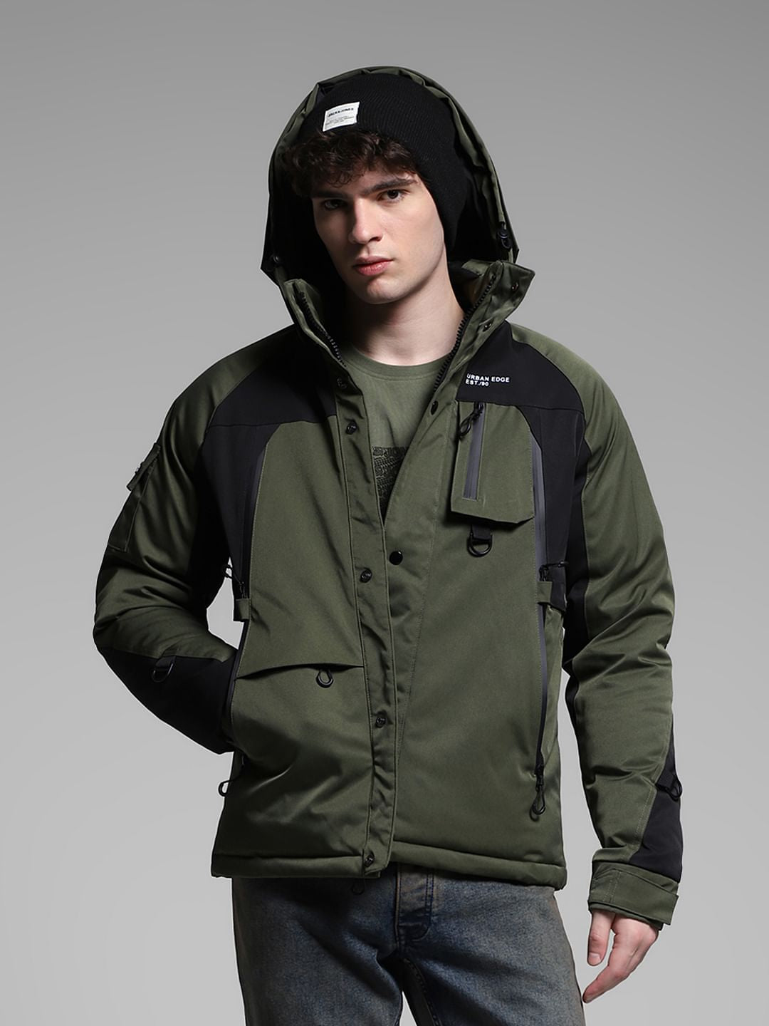 Green Colourblocked Hooded Jacket - L
