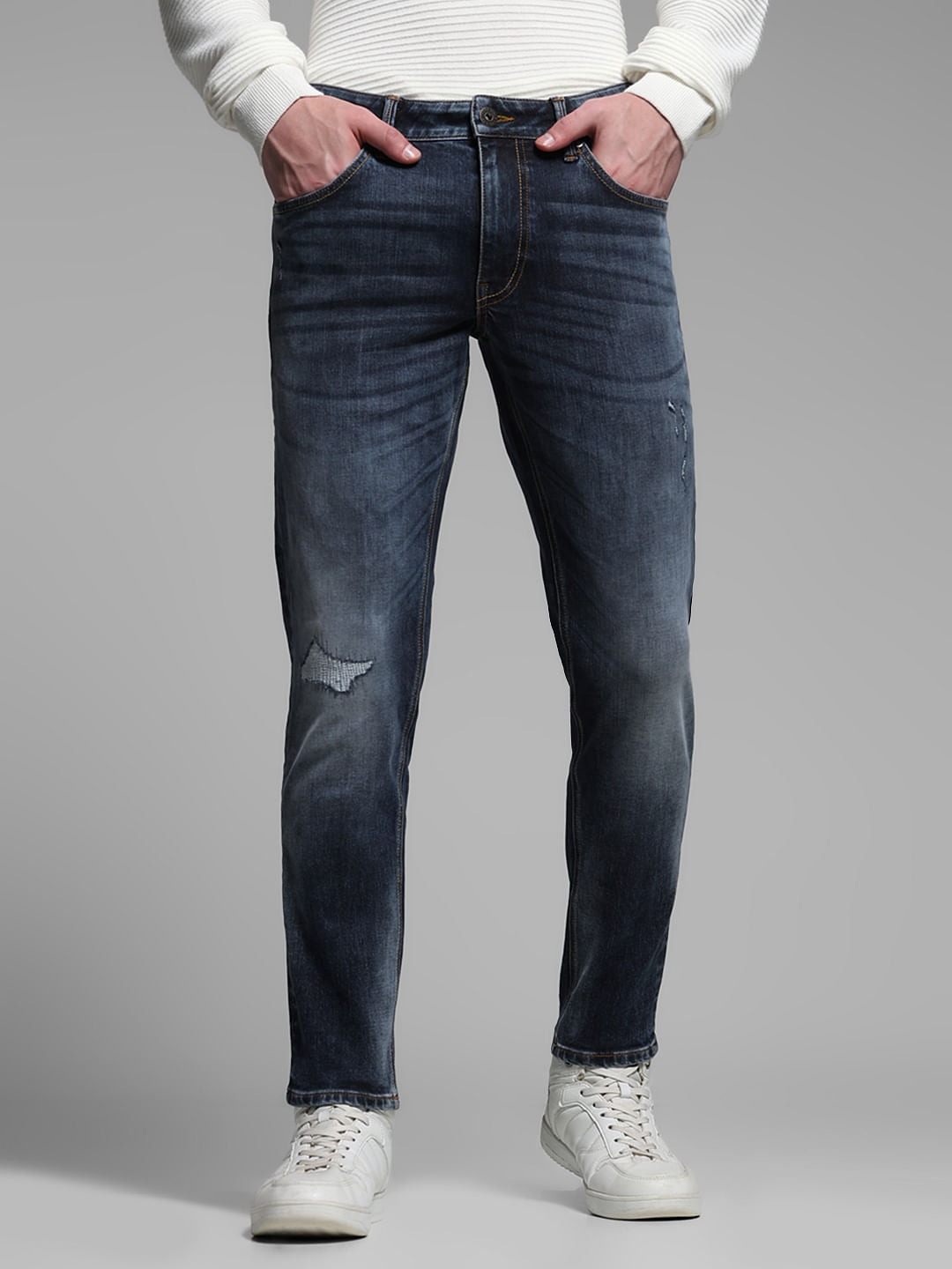 Distressed 5 Pocket Slim Fit Jeans