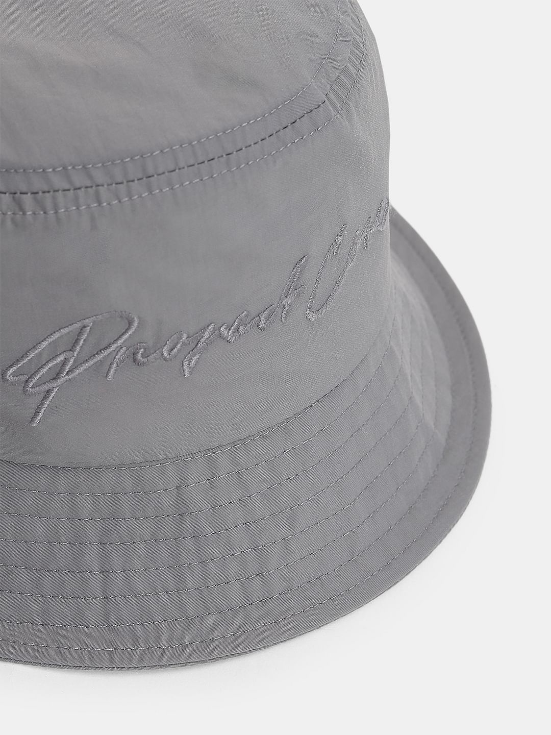 Grey Embroidered Text Bucket Hat