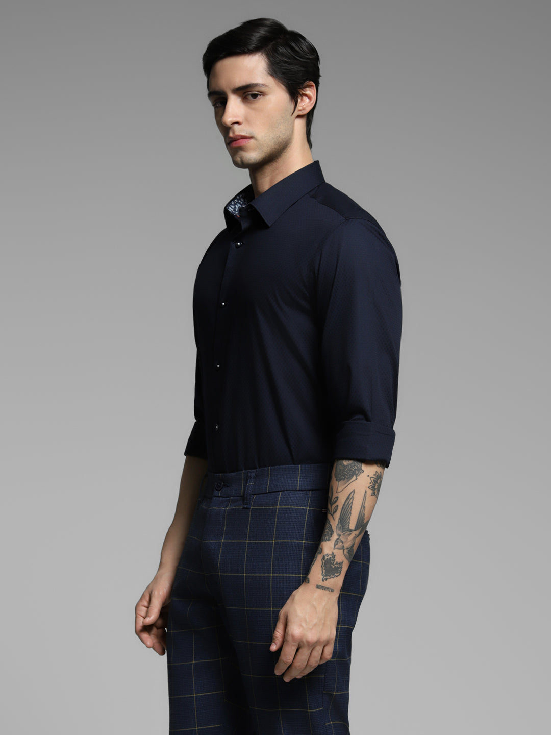 Navy Blue Dobby Cotton Slim Fit Shirt