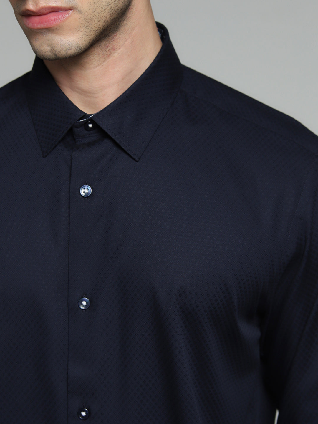 Navy Blue Dobby Cotton Slim Fit Shirt