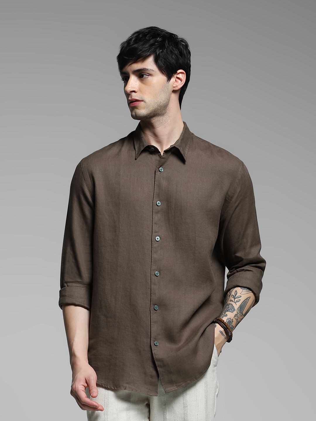 Brown Linen Full Sleeves Shirt - S