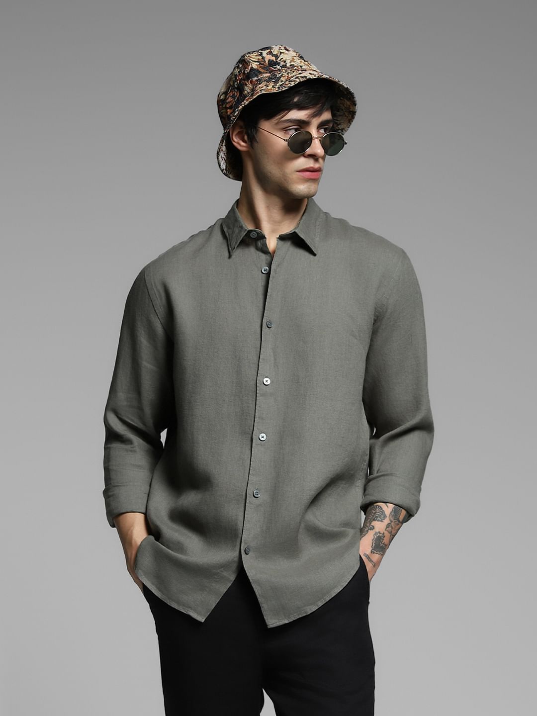 Green Linen Full Sleeves Shirt - S