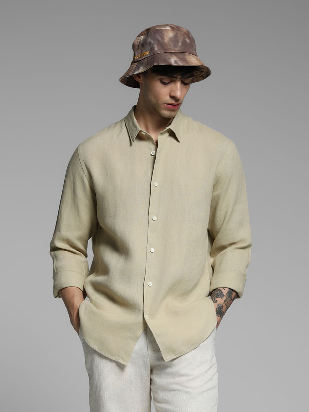 Beige Linen Full Sleeves Shirt - S