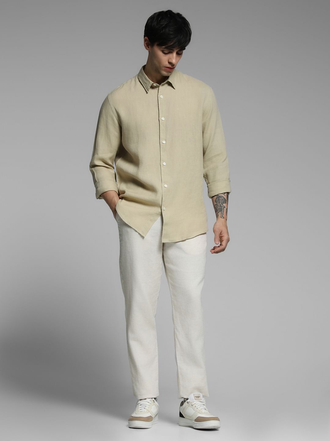 Beige Linen Full Sleeves Shirt