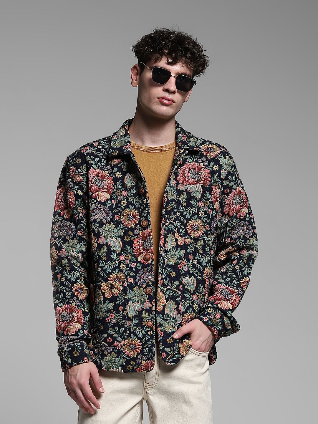 Brown Floral Jacquard Oversized Shirt - M