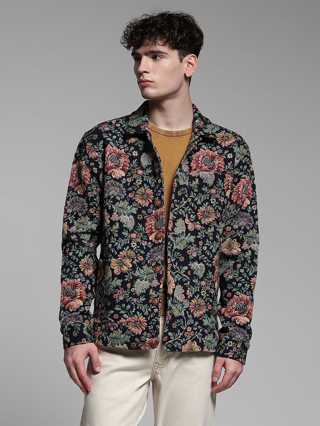 Brown Floral Jacquard Oversized Shirt