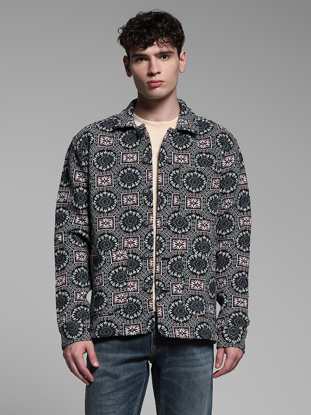 Black Printed Jacquard Oversized Shirt