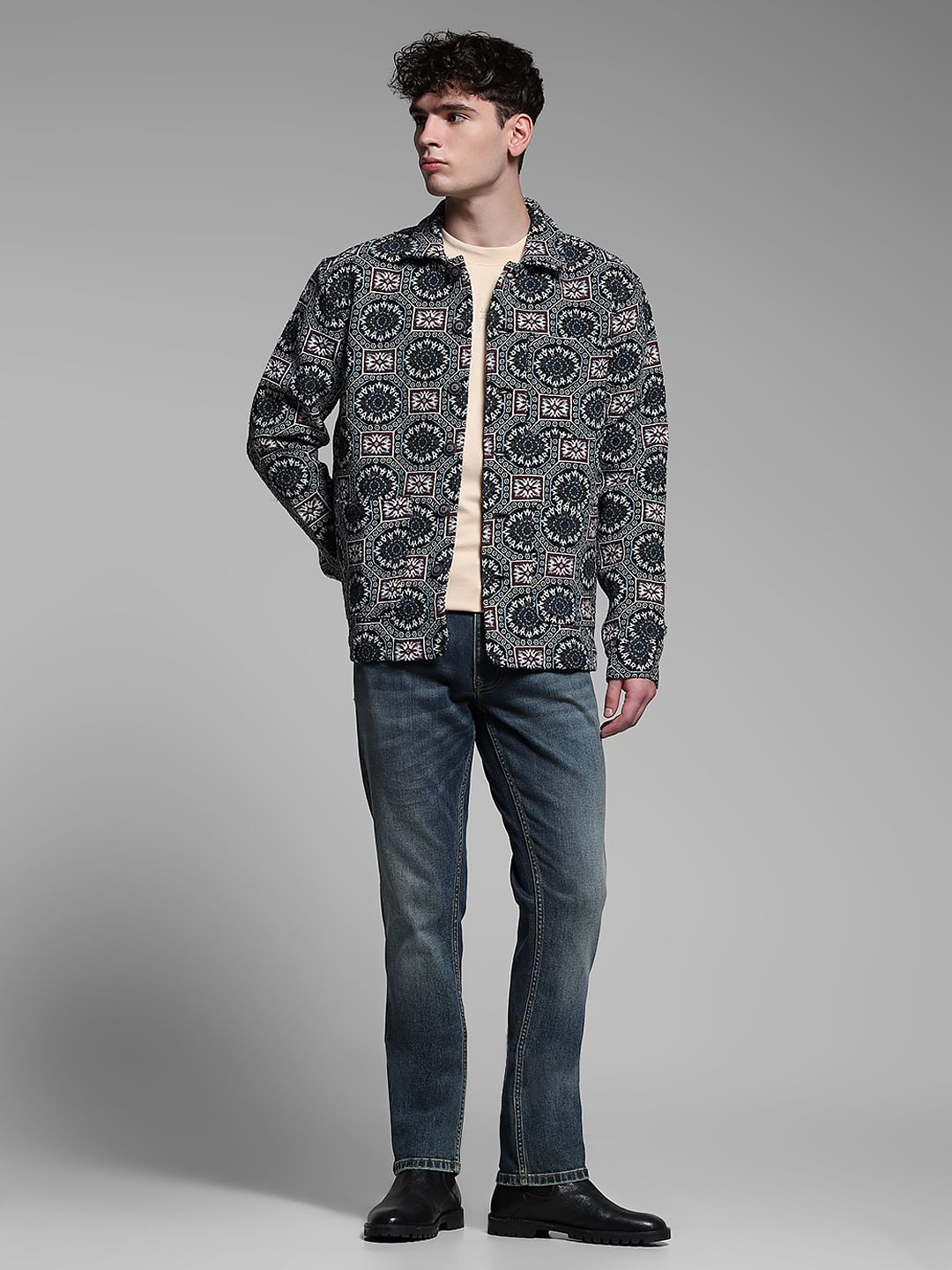 Black Printed Jacquard Oversized Shirt