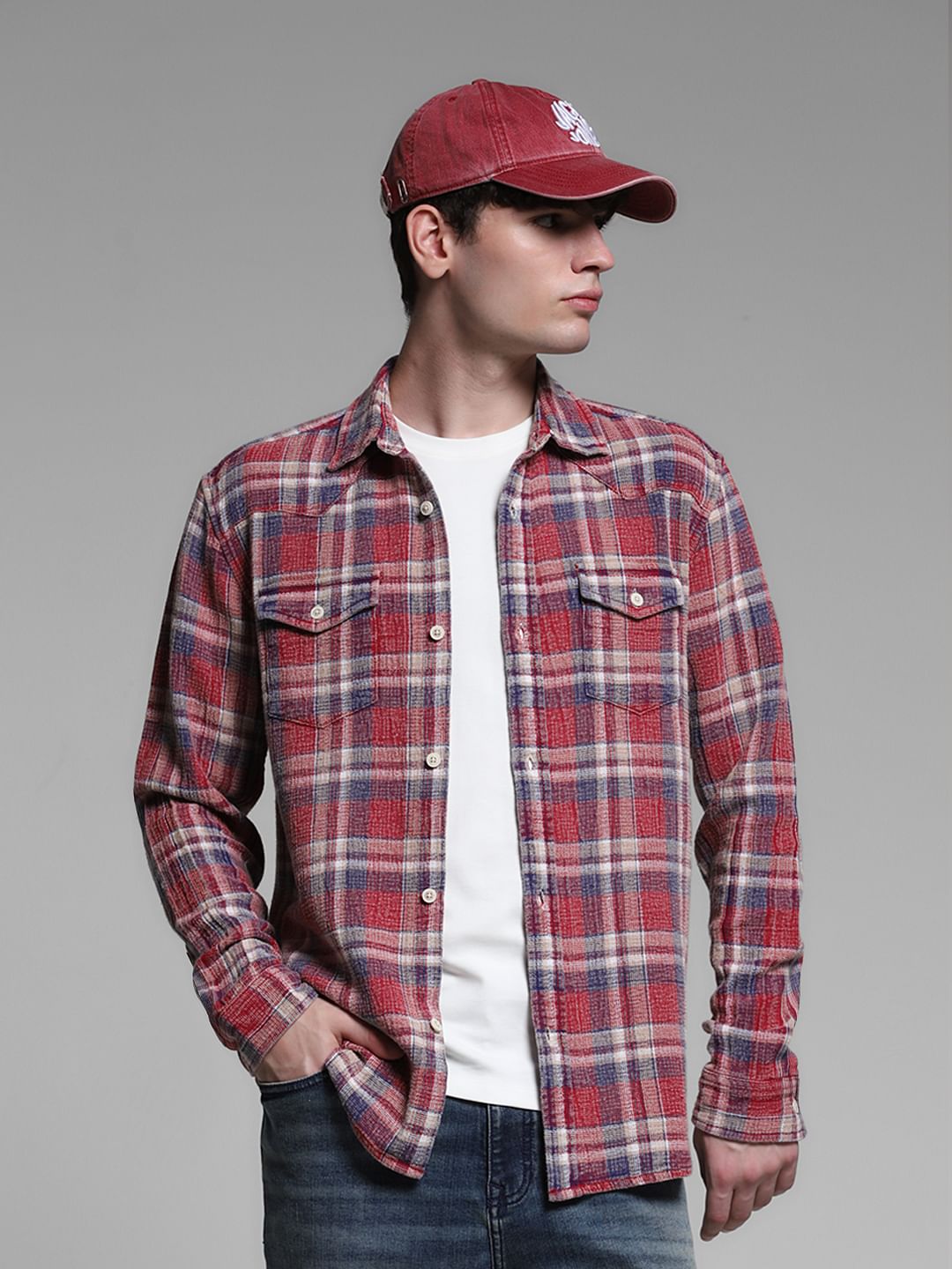 Red Check Print Cotton Shirt - M