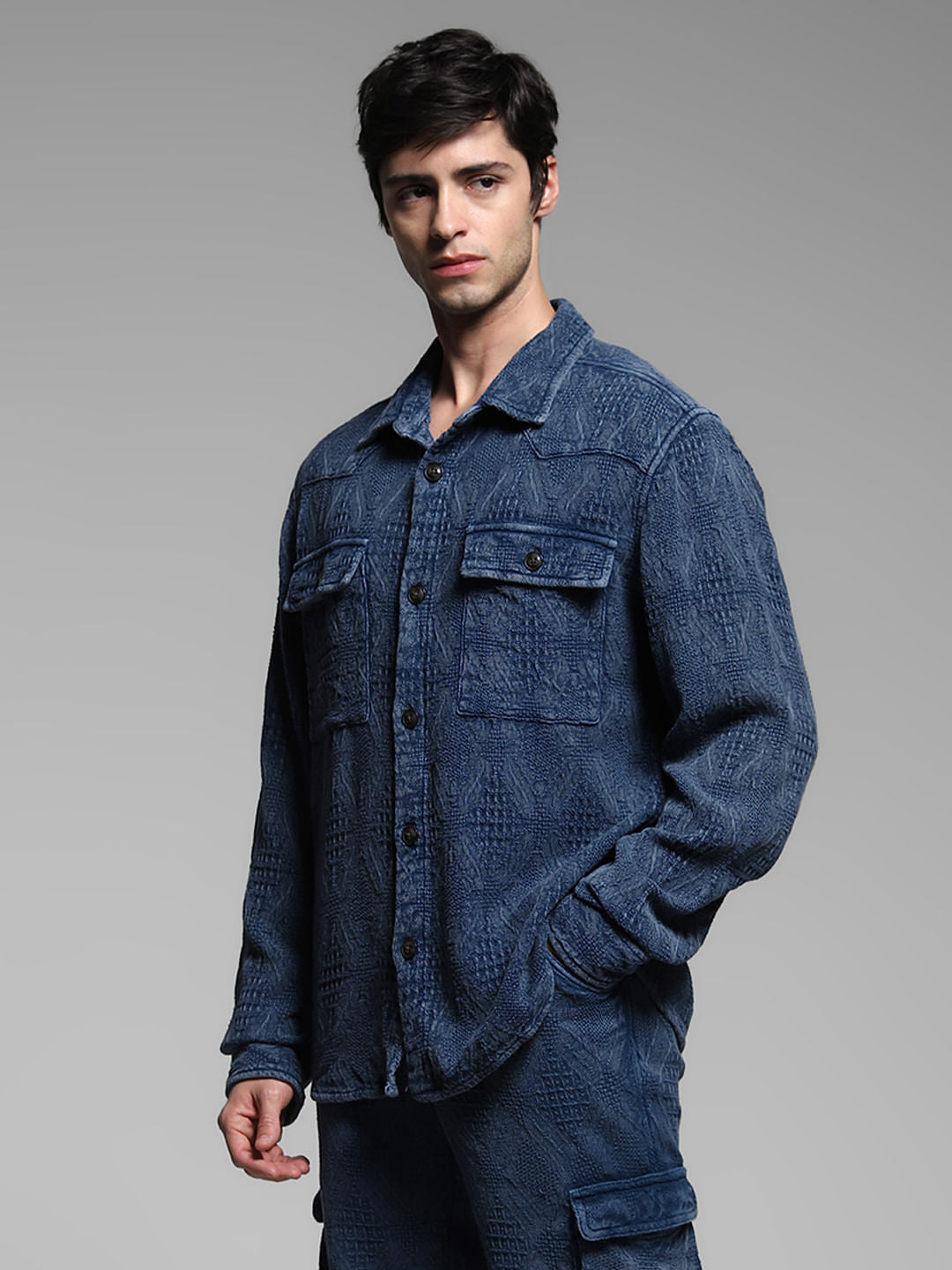 Dark Blue Jacquard Co-ord Set Overshirt