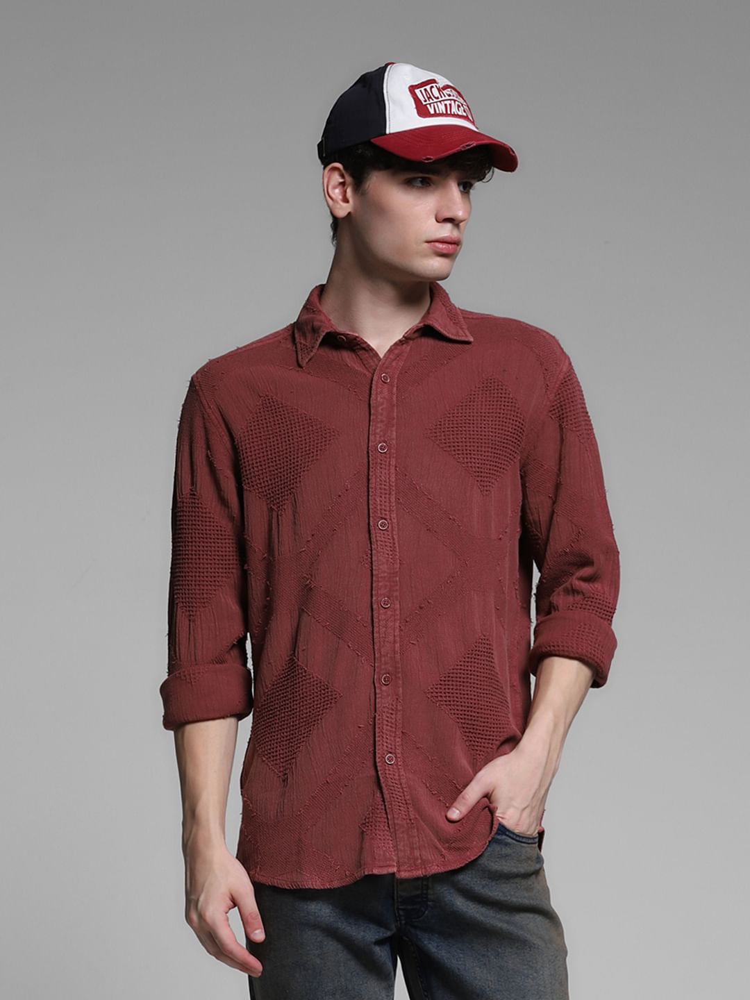 Brick Red Jacquard Cotton Shirt - XL