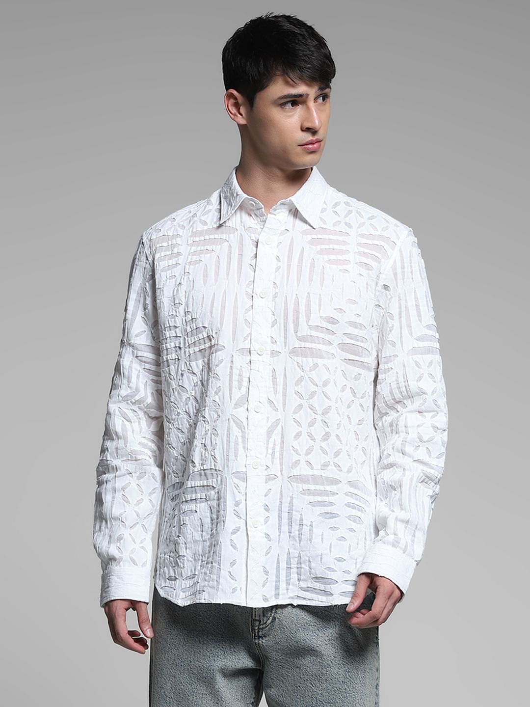 White Abstract Print Cotton Shirt