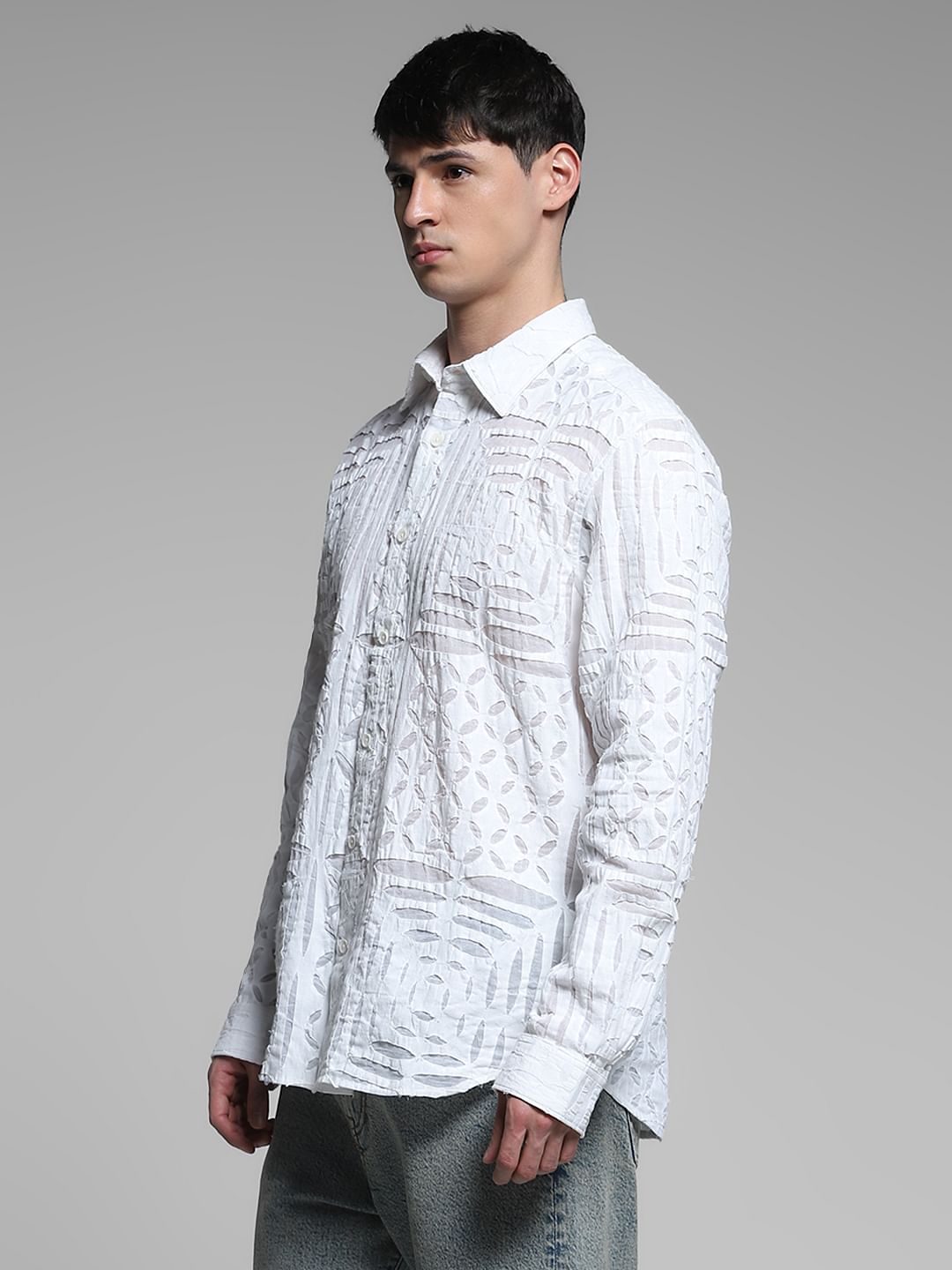 White Abstract Print Cotton Shirt