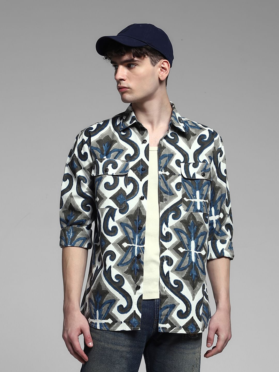White Abstract Print Shirt - M