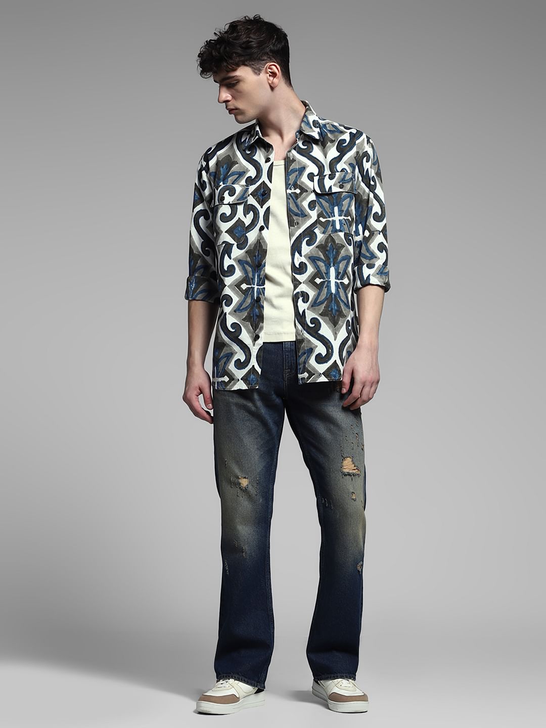 White Abstract Print Shirt