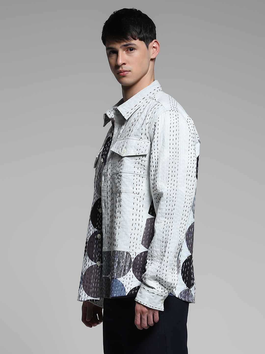 White Abstract Print Cotton Shirt