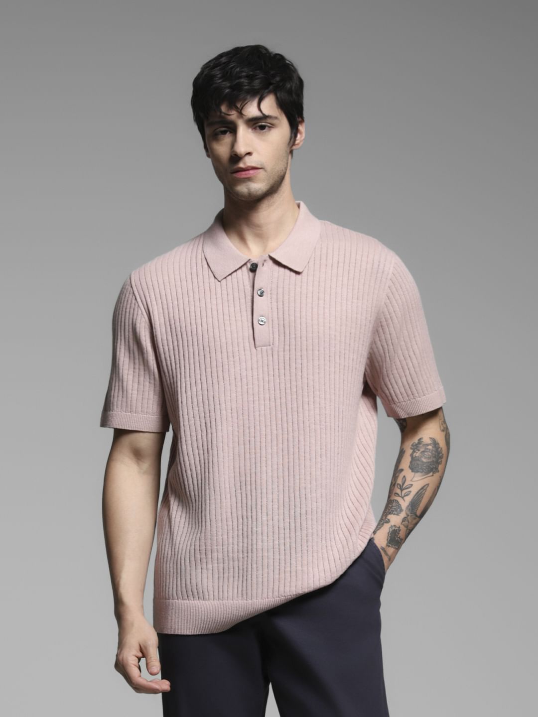 Pink Structured Knitted Polo - M