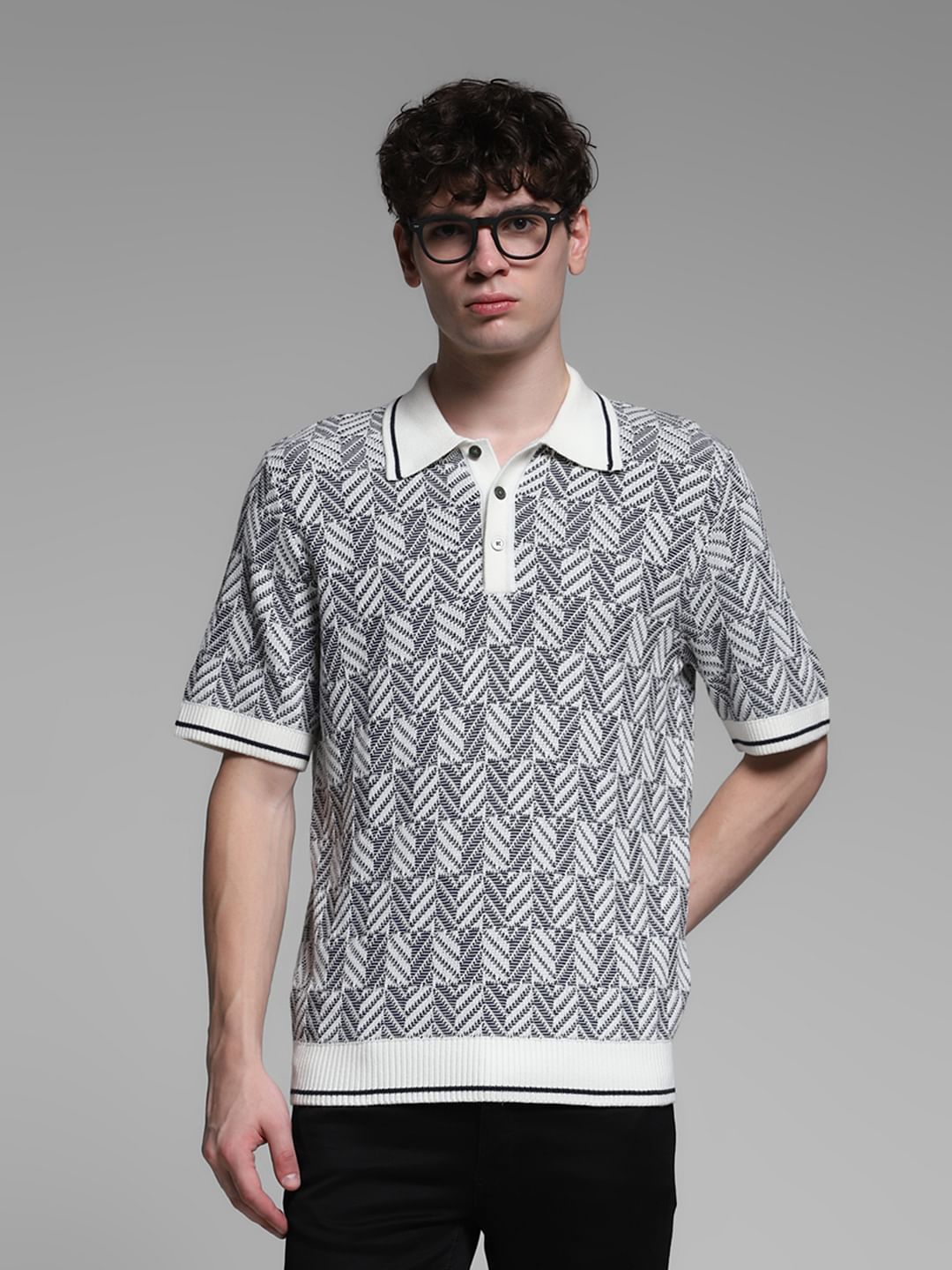 White Structured Knit Polo - L