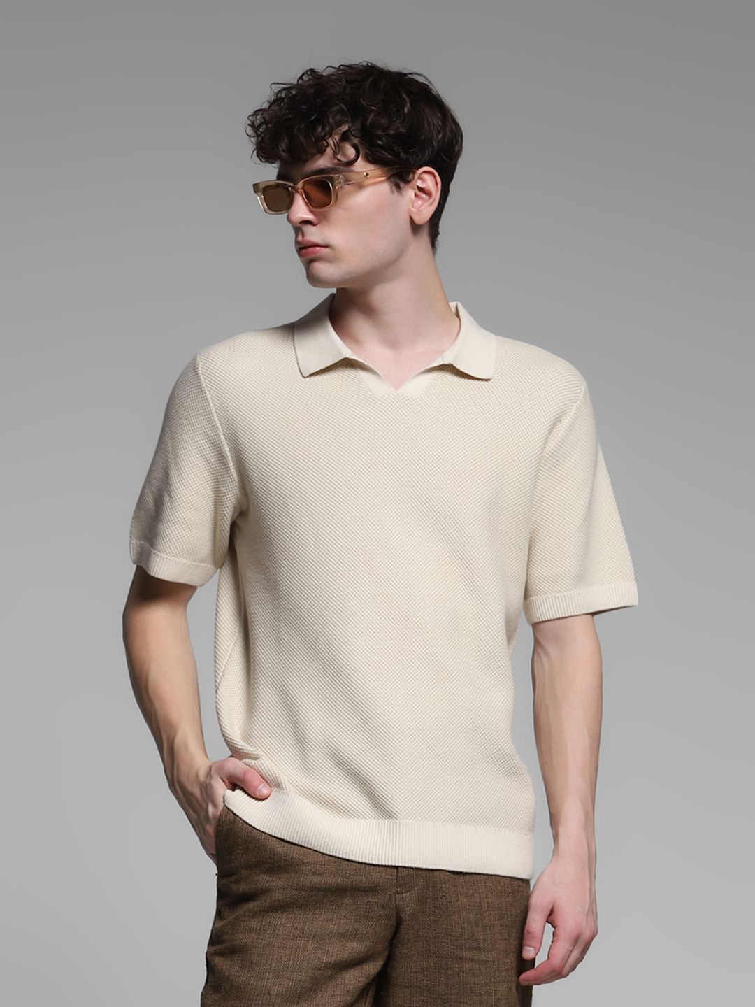 Beige Split Neck Cotton Polo - XL