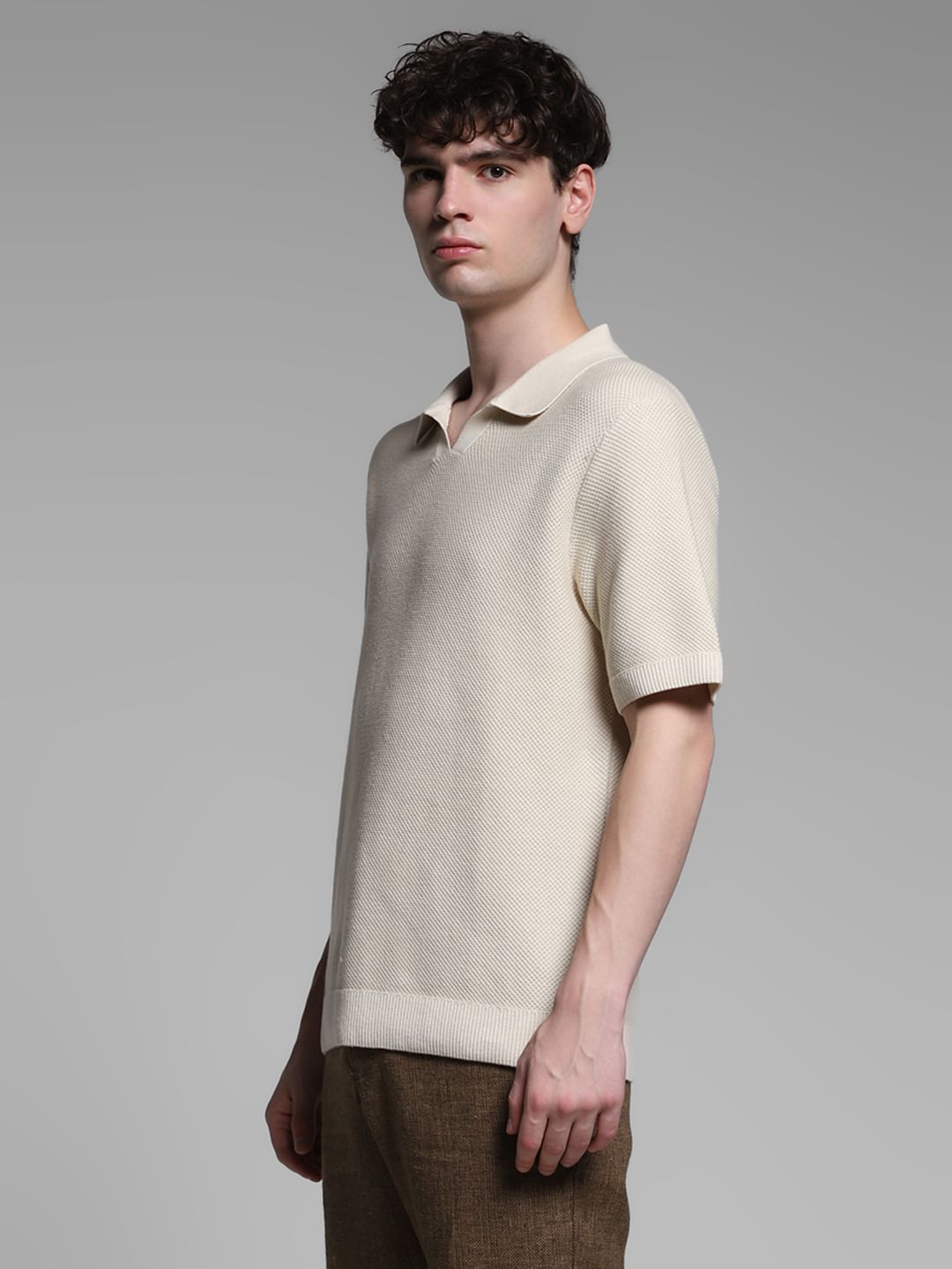 Beige Split Neck Cotton Polo
