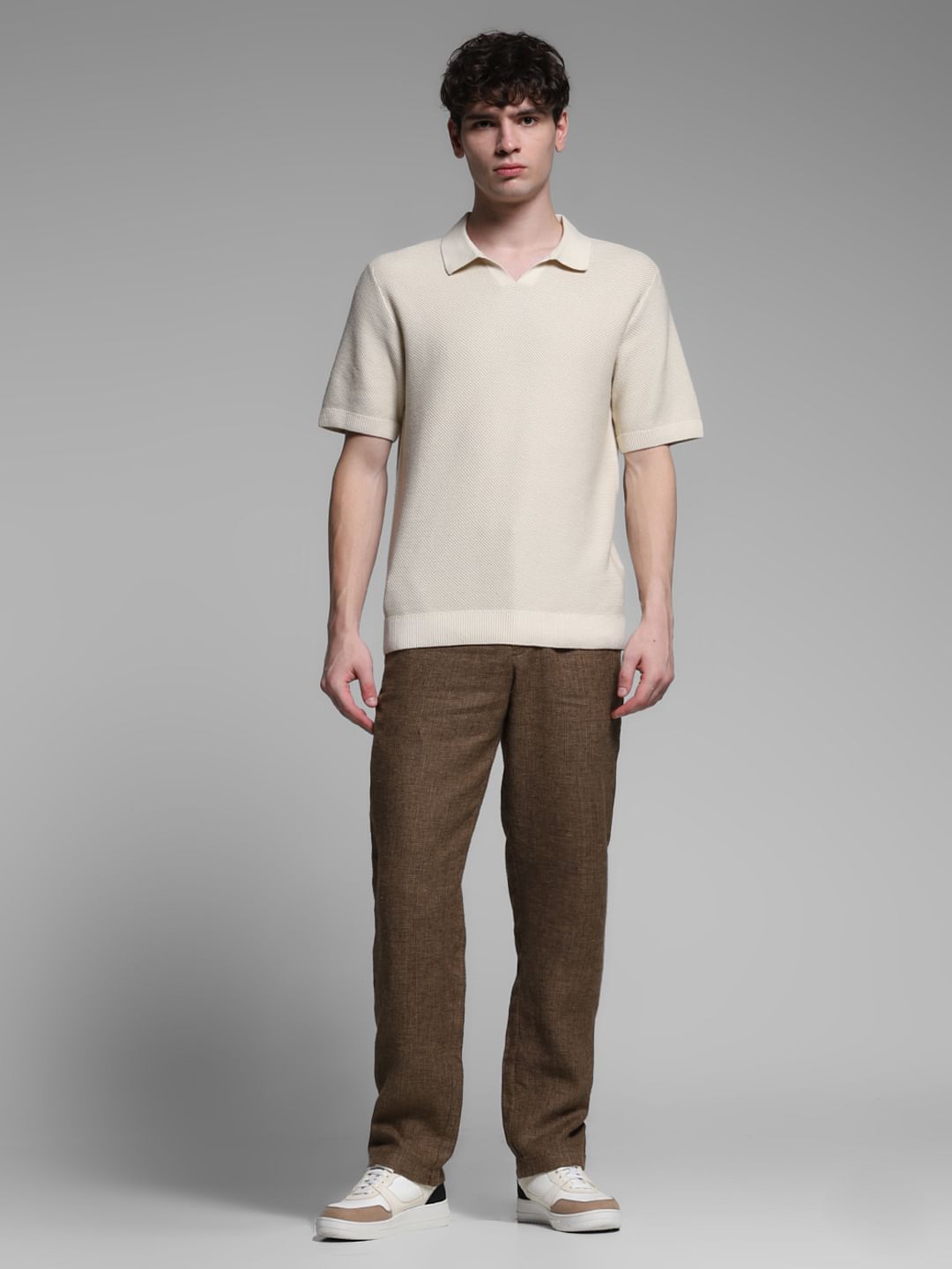 Beige Split Neck Cotton Polo