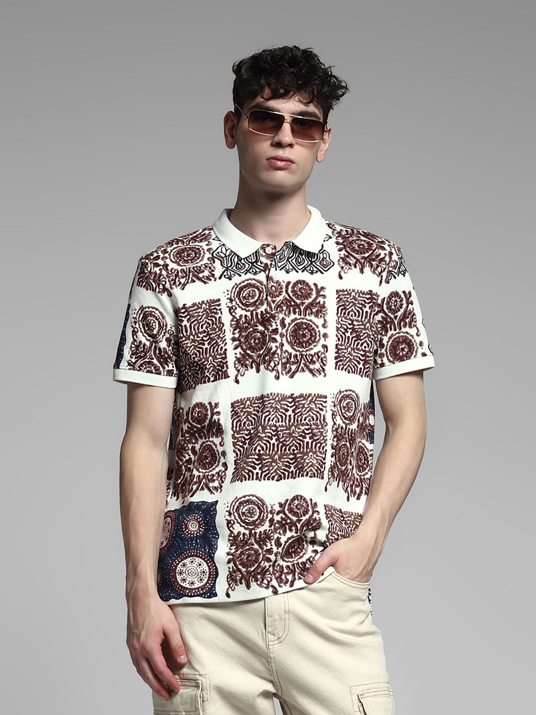 Brown Artisan Print Cotton Polo - S