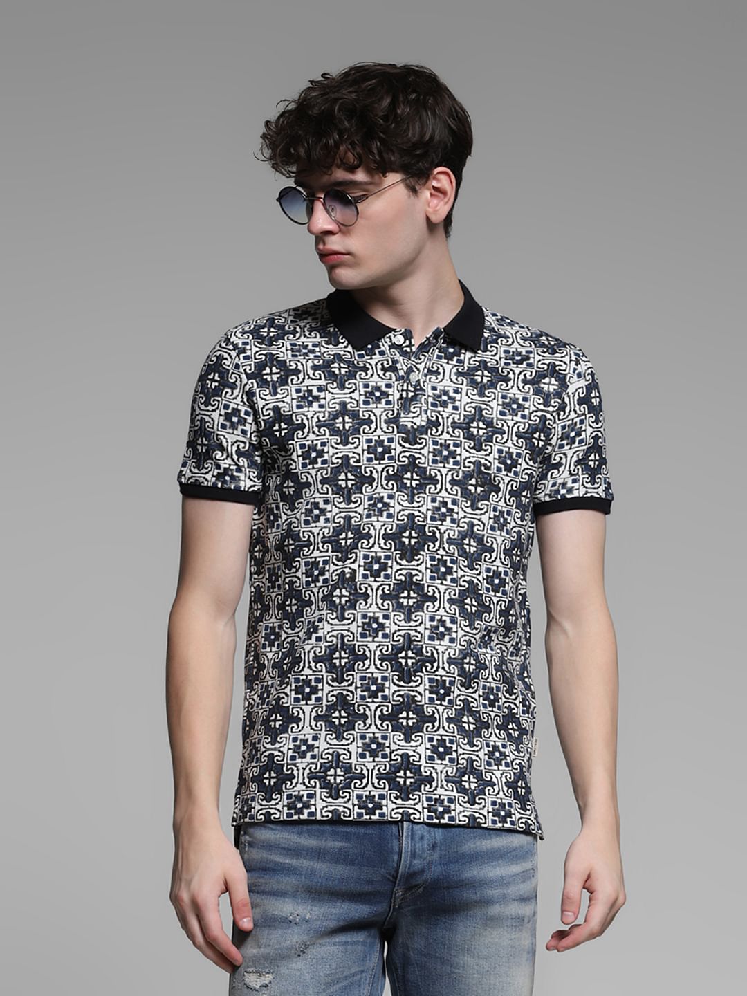 Blue Embroidered Abstract Print Polo