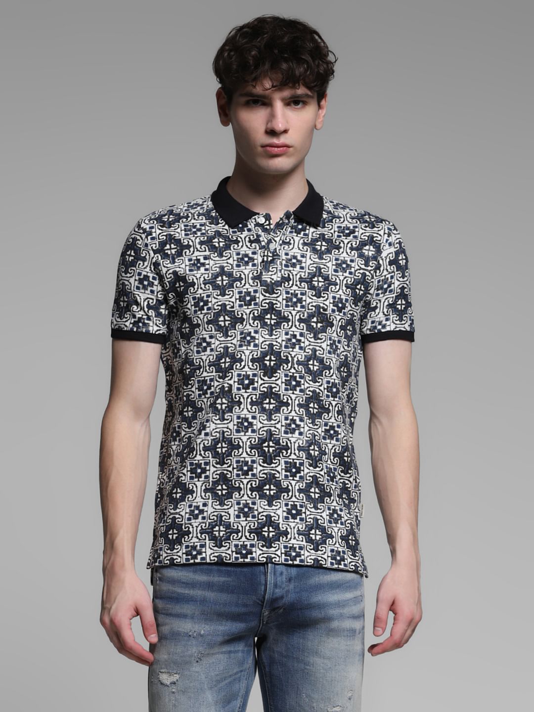Blue Embroidered Abstract Print Polo