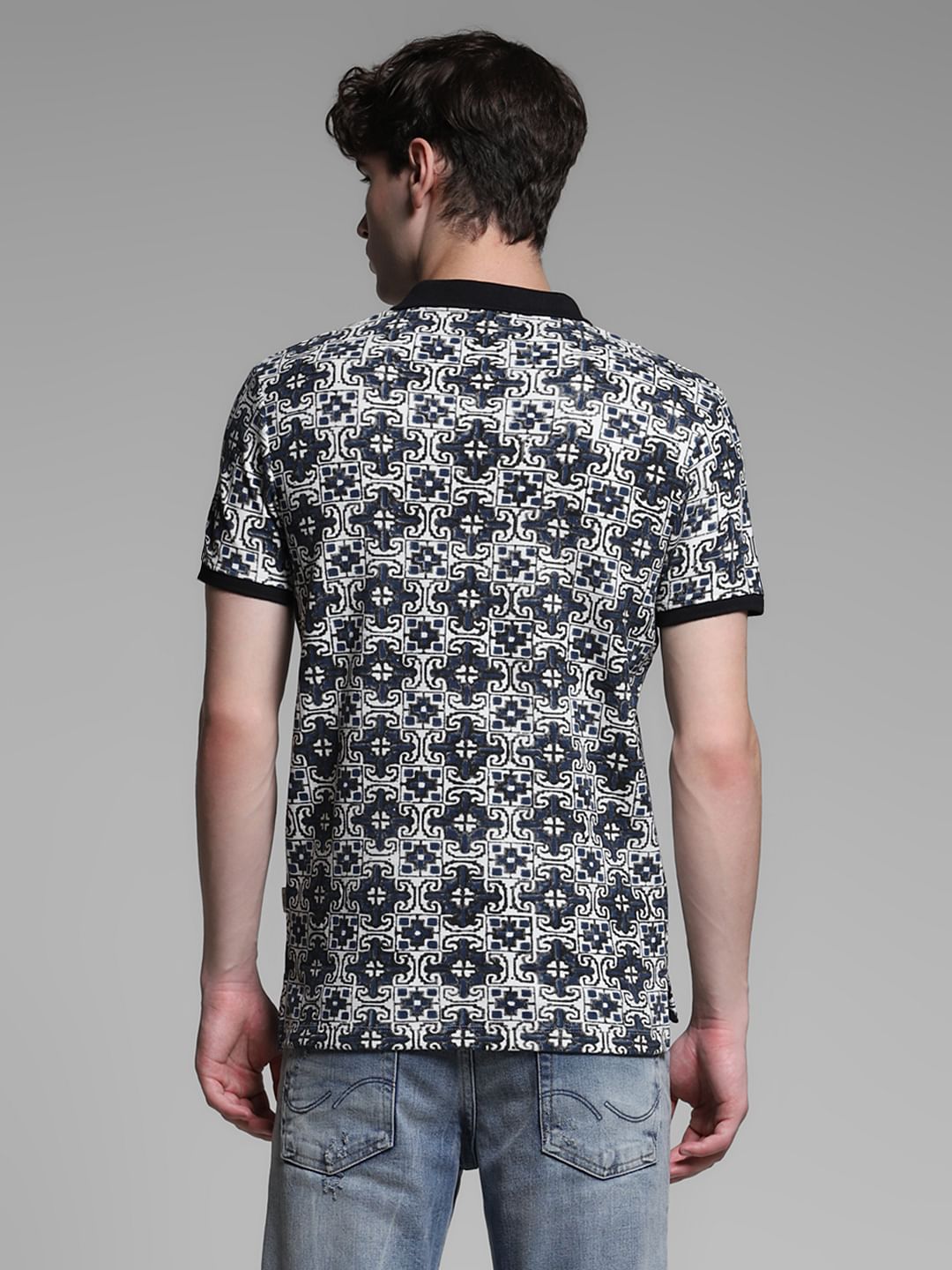 Blue Embroidered Abstract Print Polo