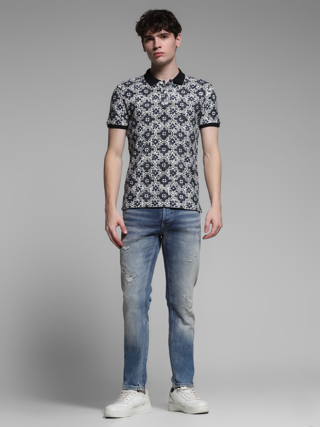 Blue Embroidered Abstract Print Polo