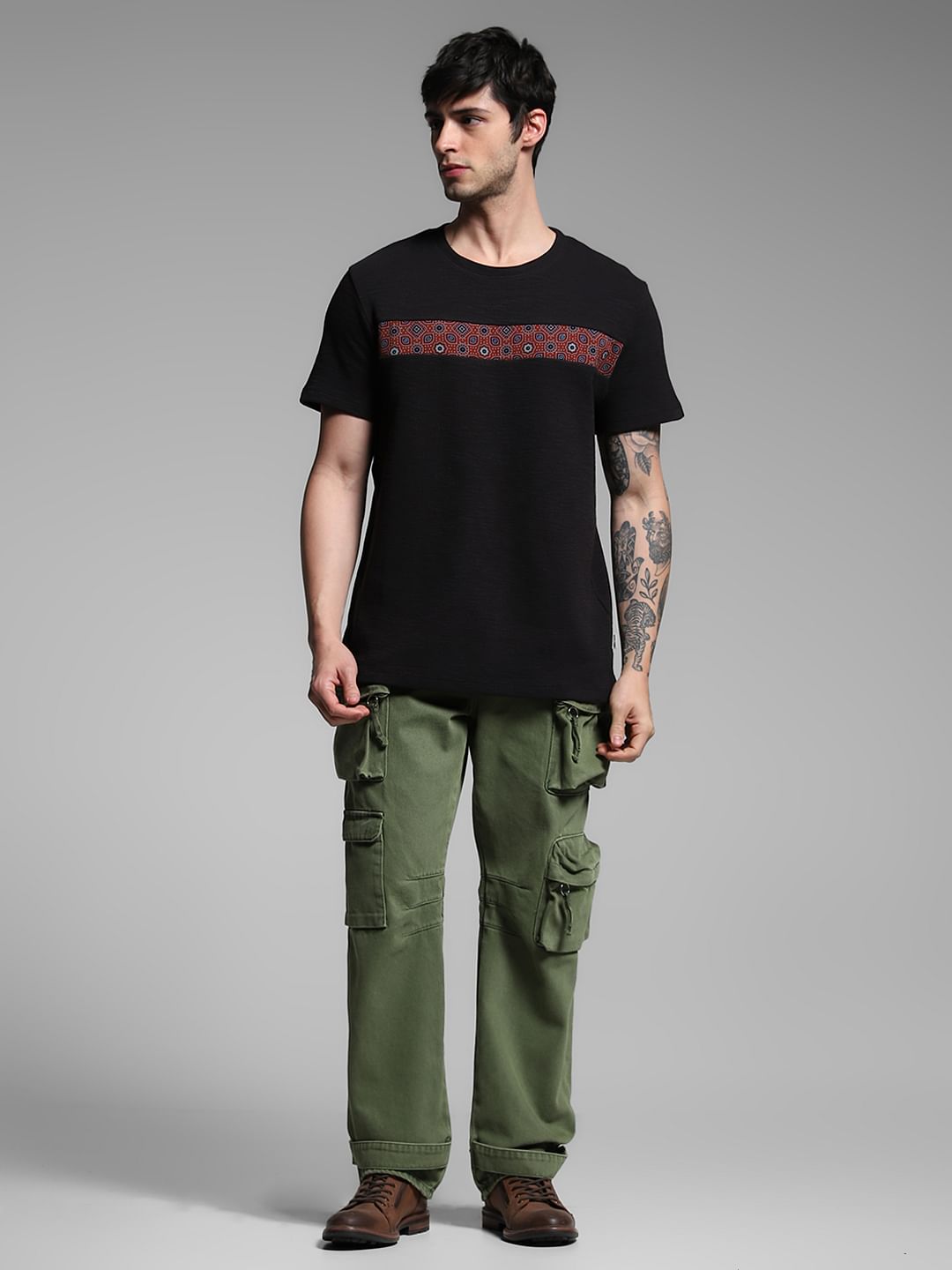 Black Printed Patch Cotton T-shirt