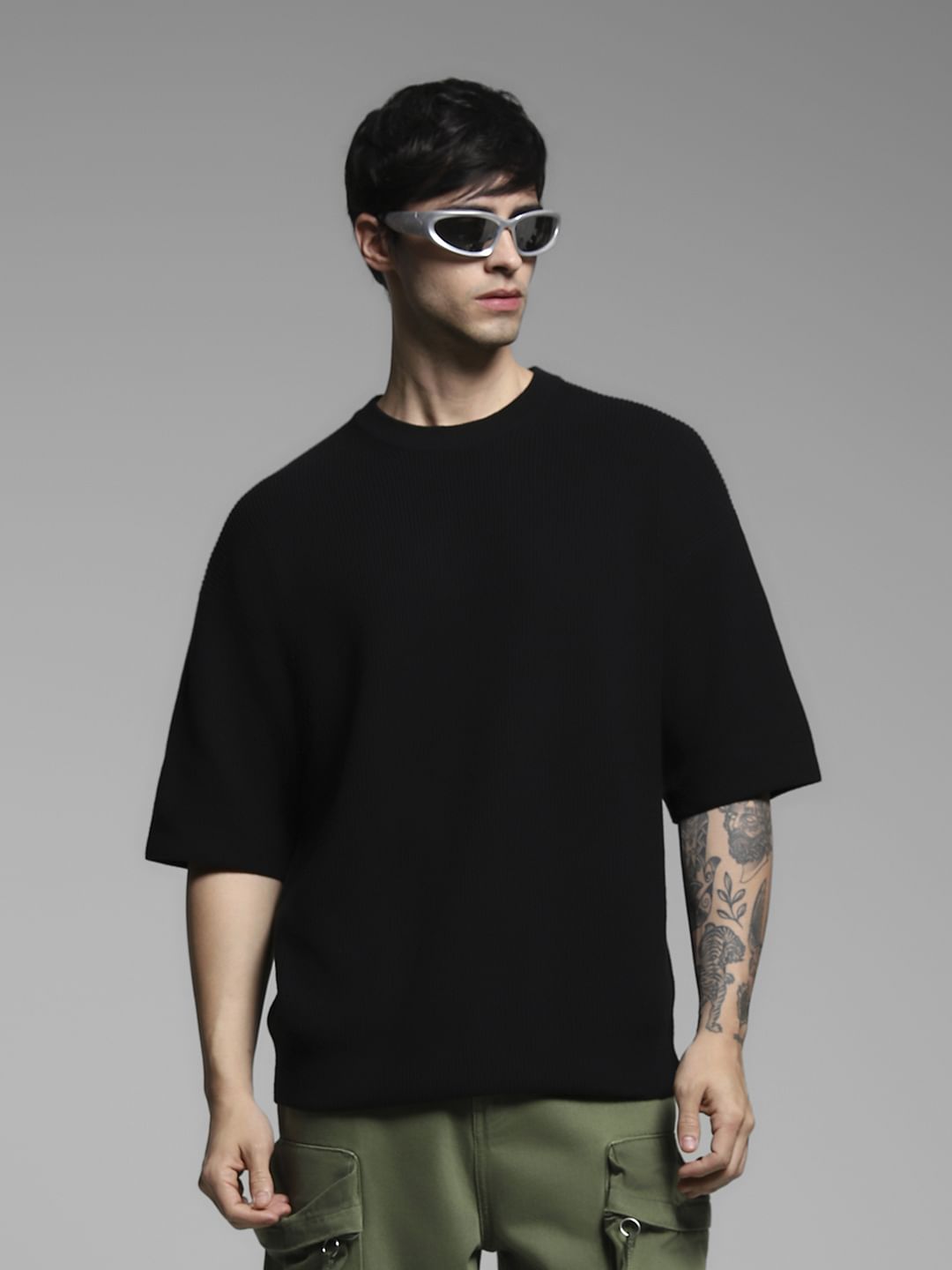 Black Cotton Crew Neck T-shirt - M