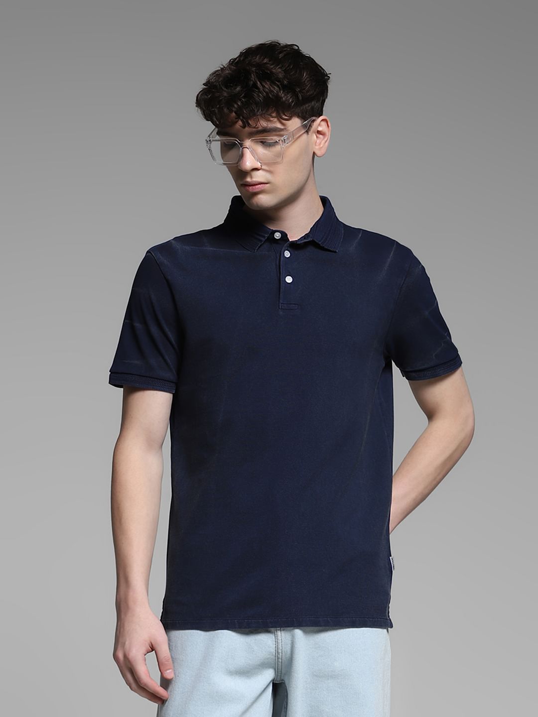 Dark Blue Cotton Knit Polo - S