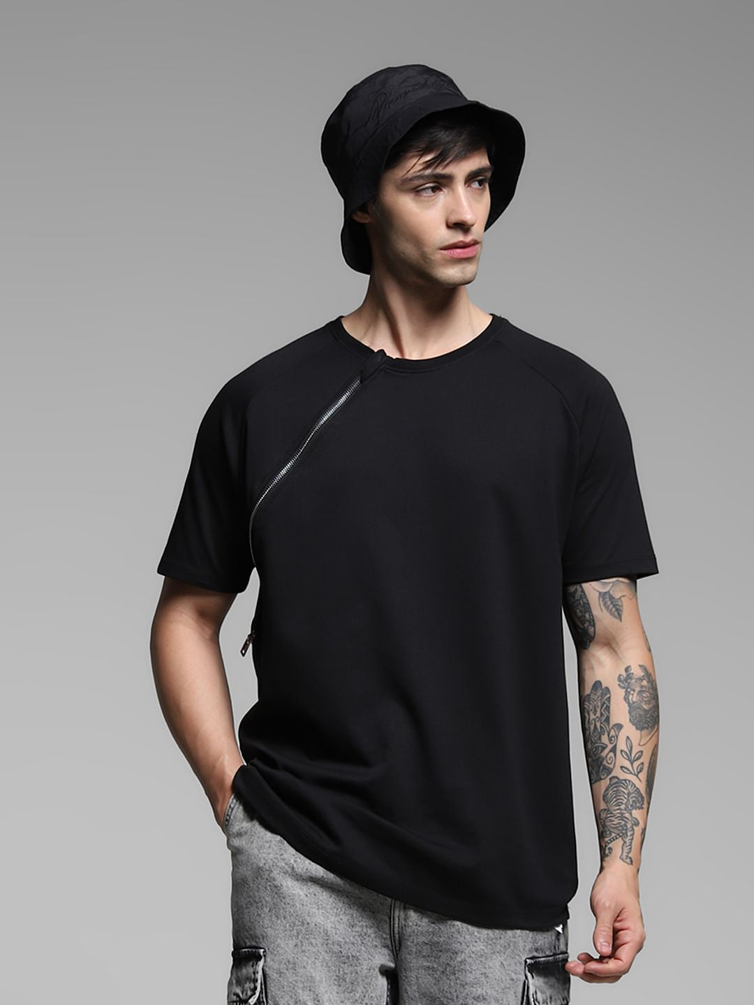 Black Zip Detailing Cotton T-shirt - S