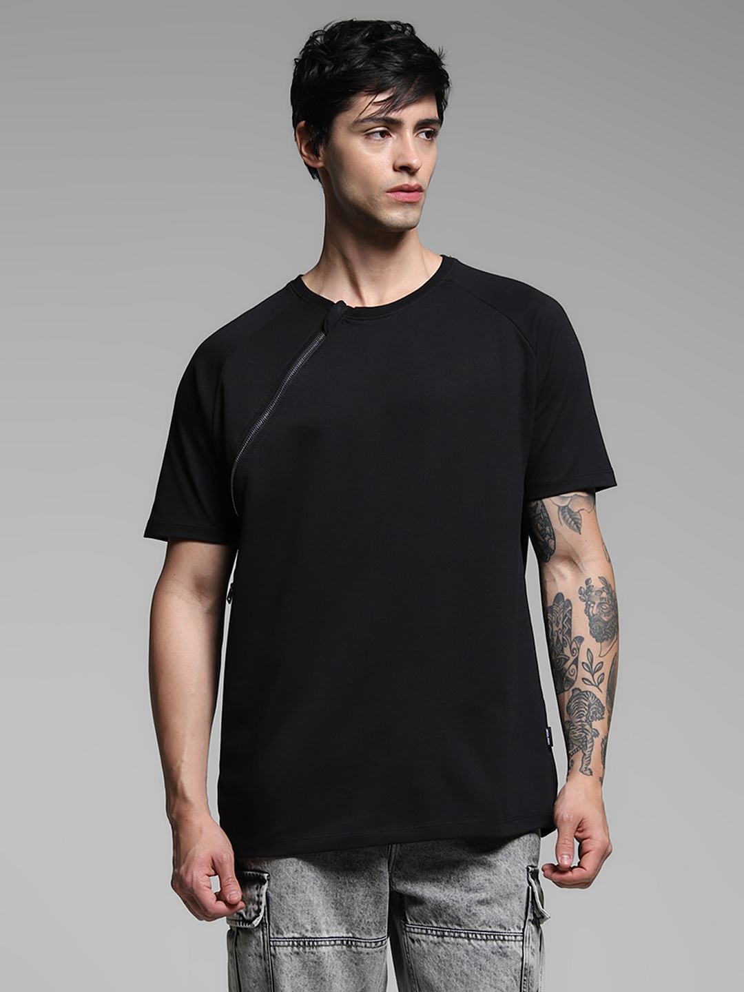 Black Zip Detailing Cotton T-shirt