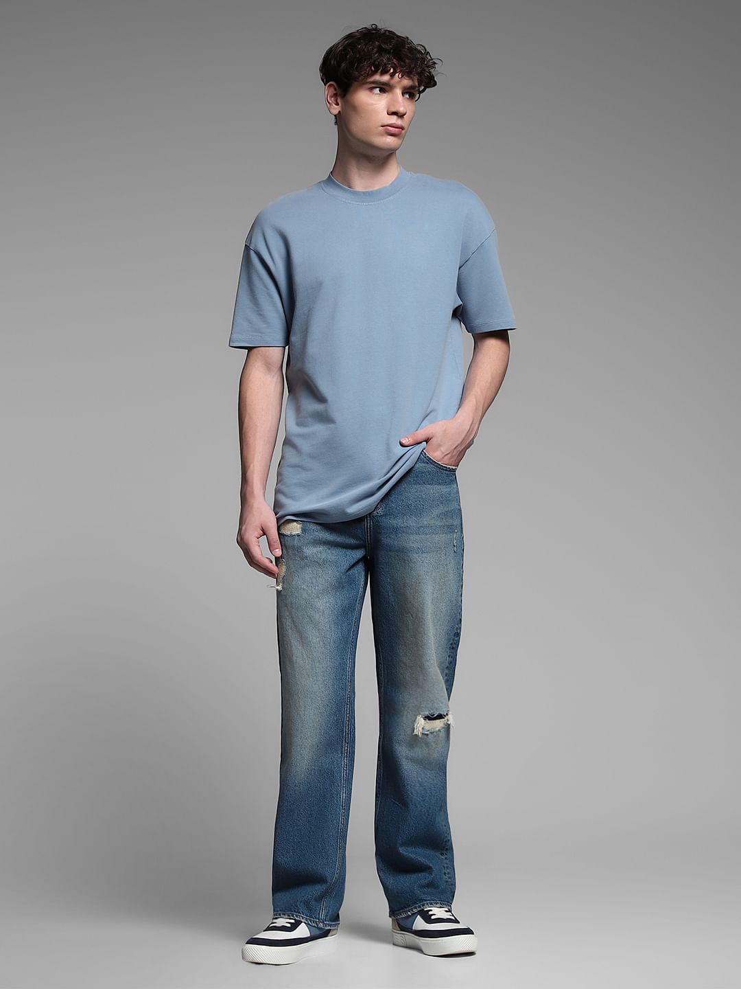 Blue Cotton Crew Neck T-shirt