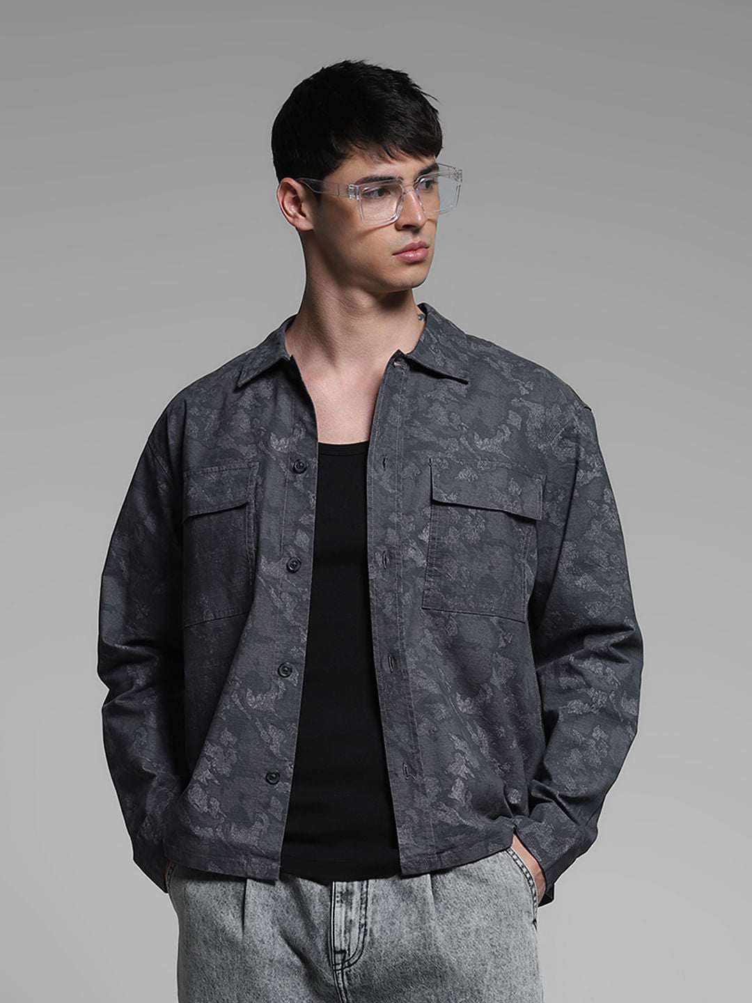 Dark Grey Printed Cotton Overshirt