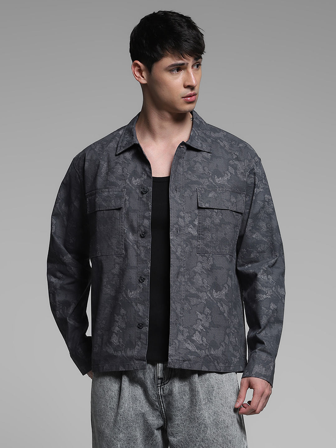 Dark Grey Printed Cotton Overshirt
