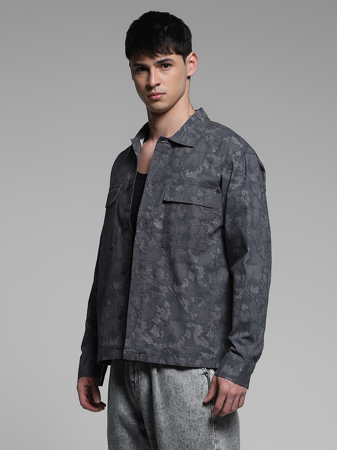 Dark Grey Printed Cotton Overshirt