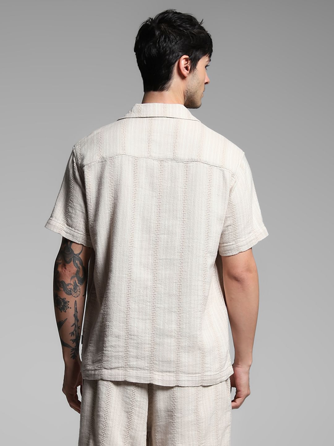 Beige Textured Co-ord Set Cotton Shirt