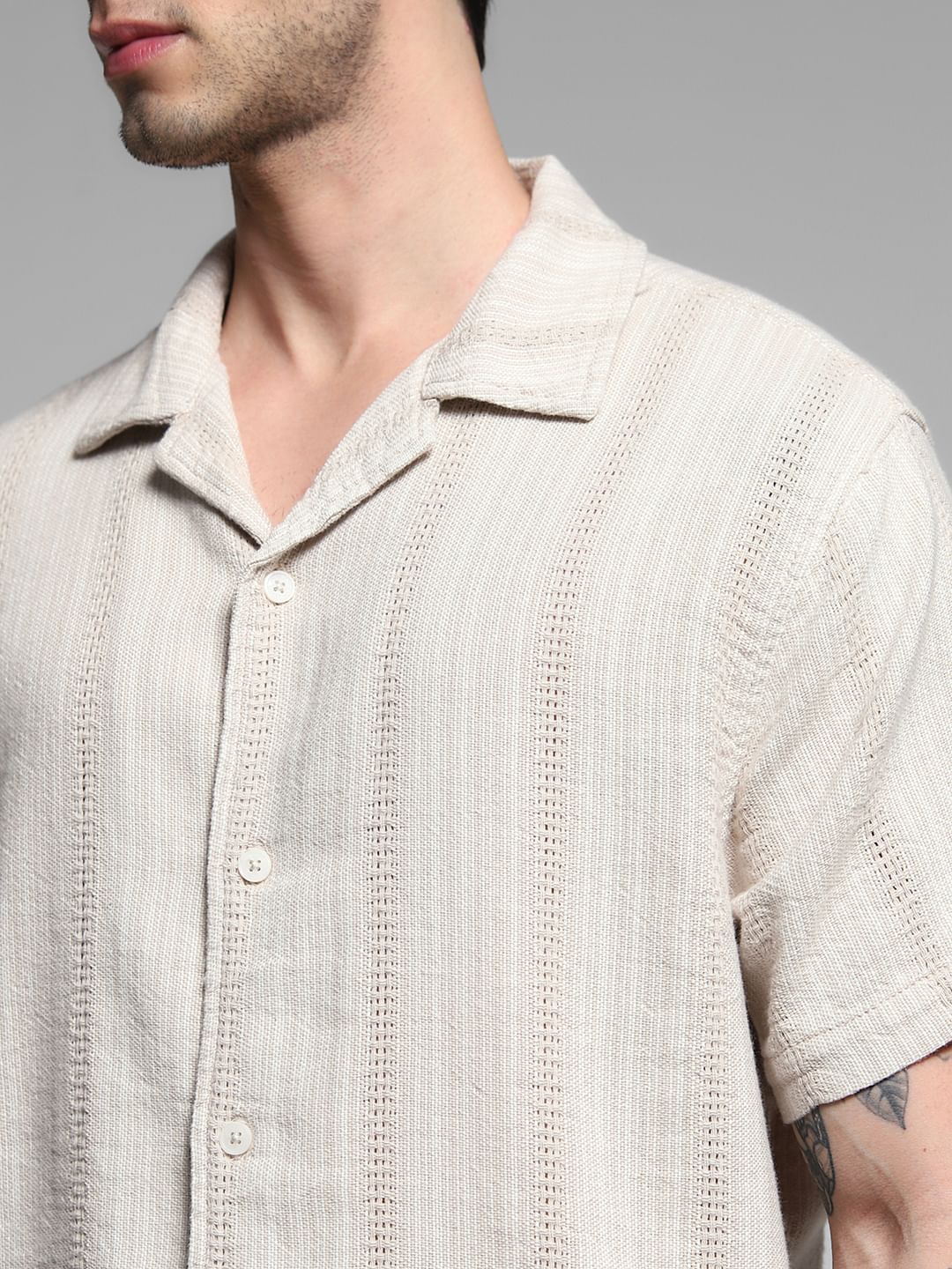 Beige Textured Co-ord Set Cotton Shirt