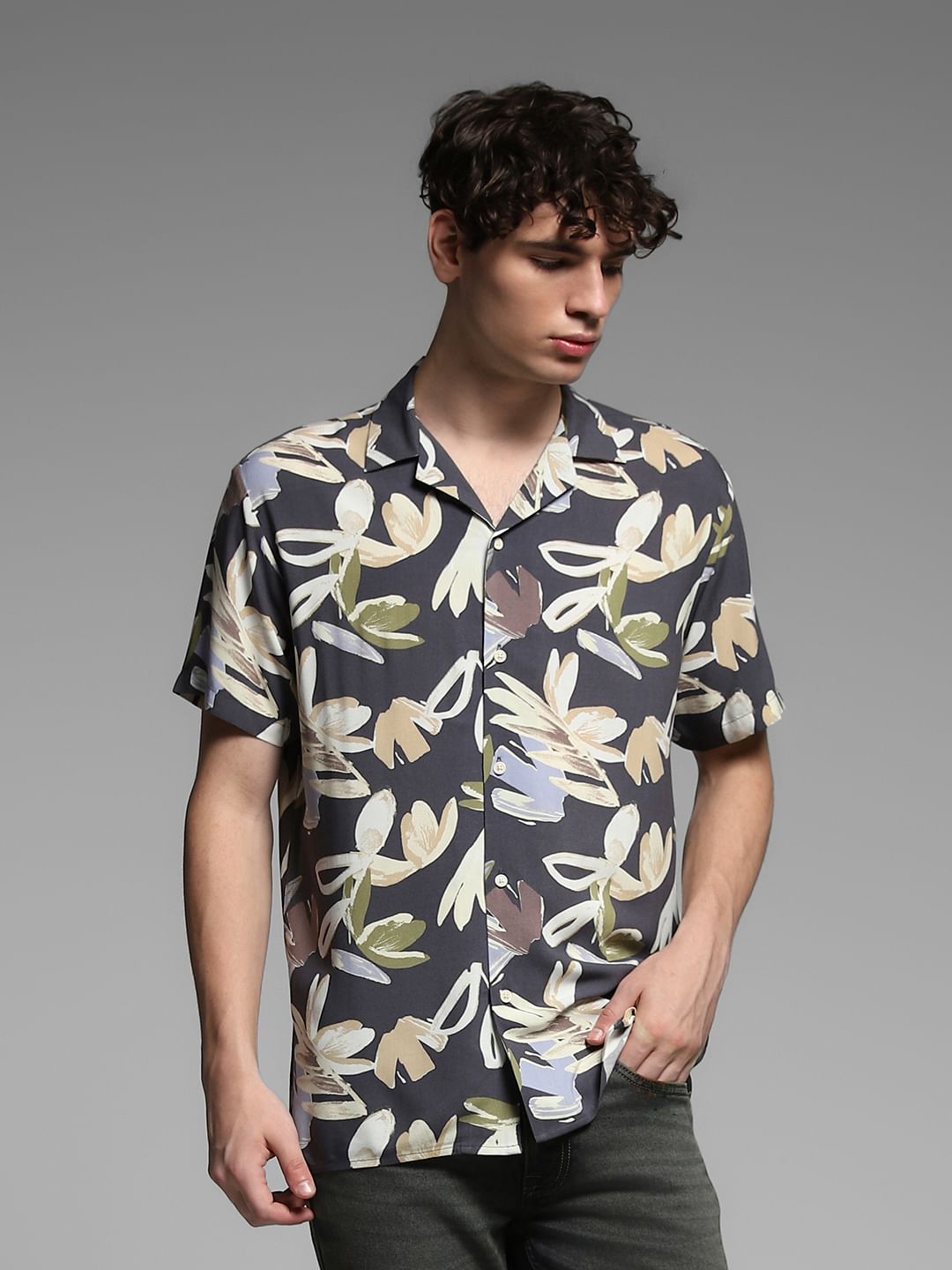 Grey Floral Print Viscose Shirt - S
