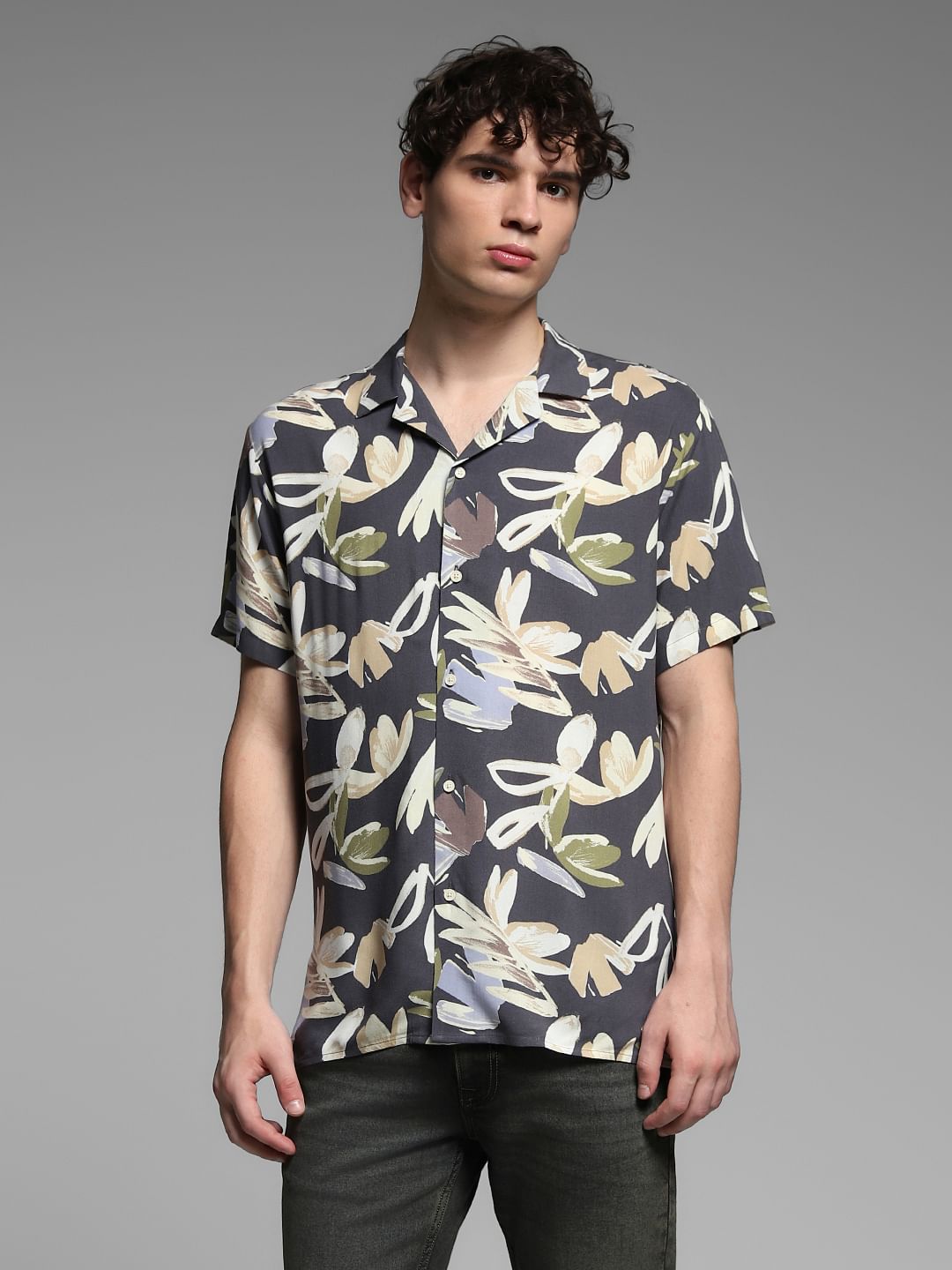 Grey Floral Print Viscose Shirt