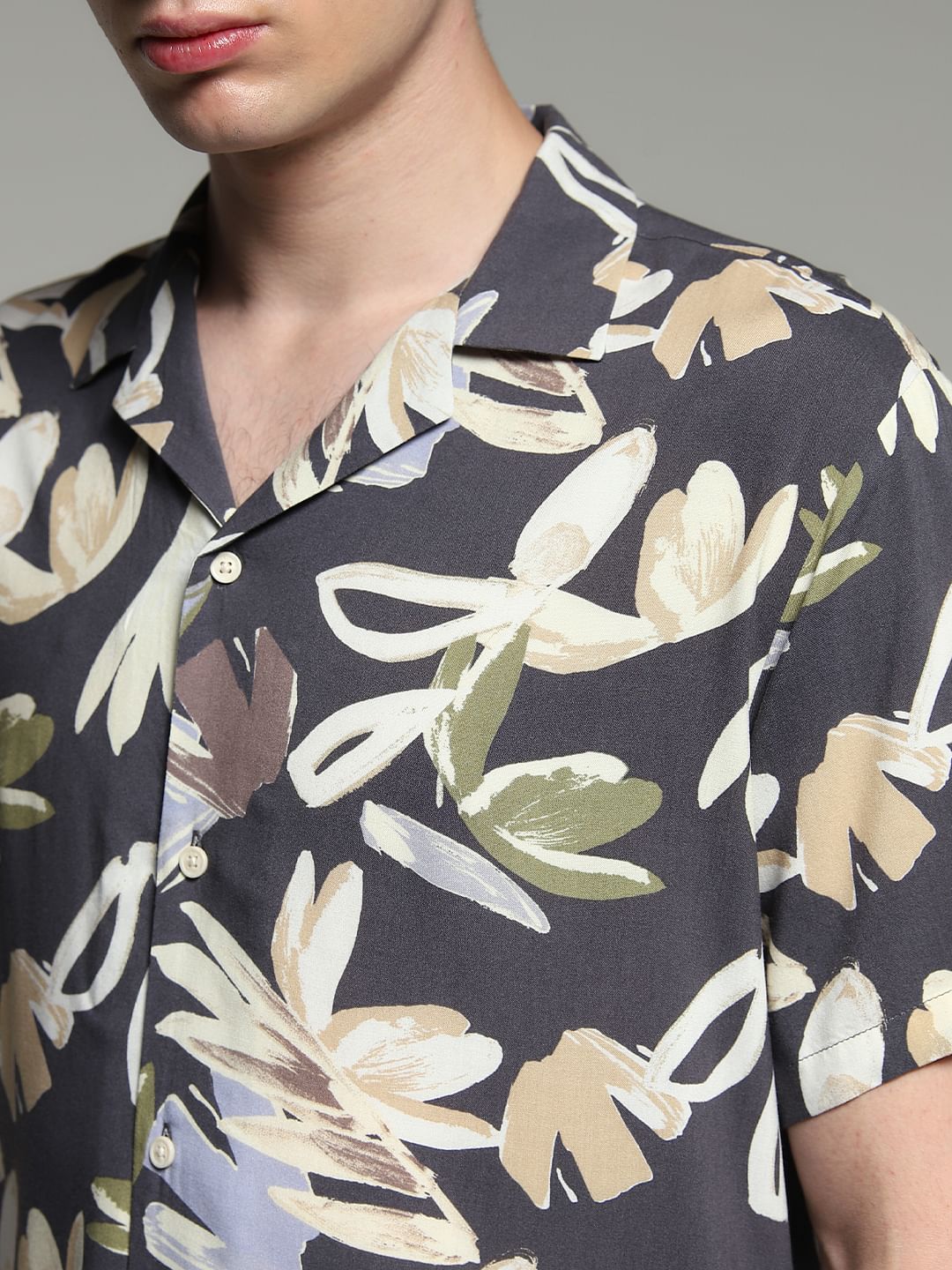Grey Floral Print Viscose Shirt