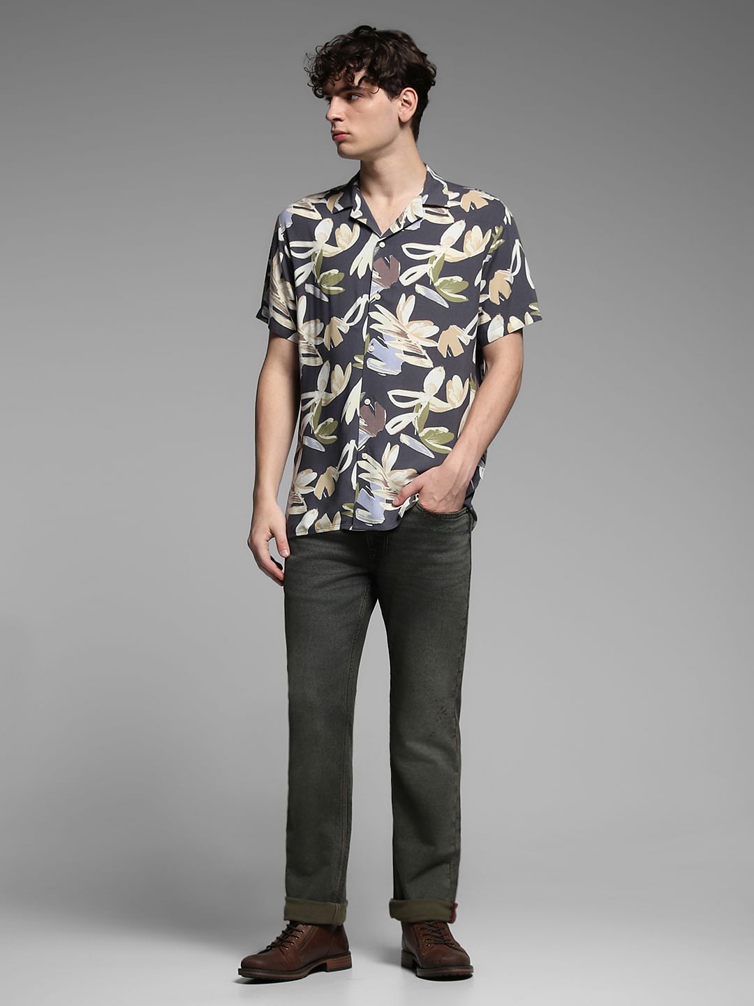 Grey Floral Print Viscose Shirt