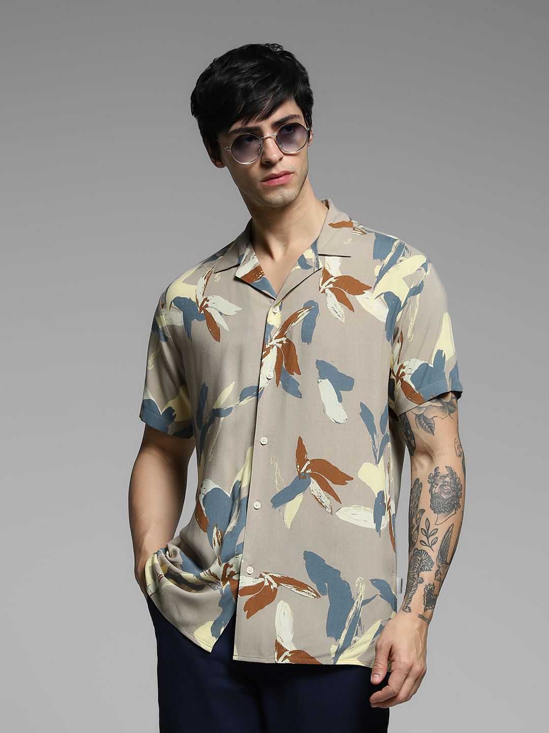 Beige Abstract Print Viscose Shirt - S