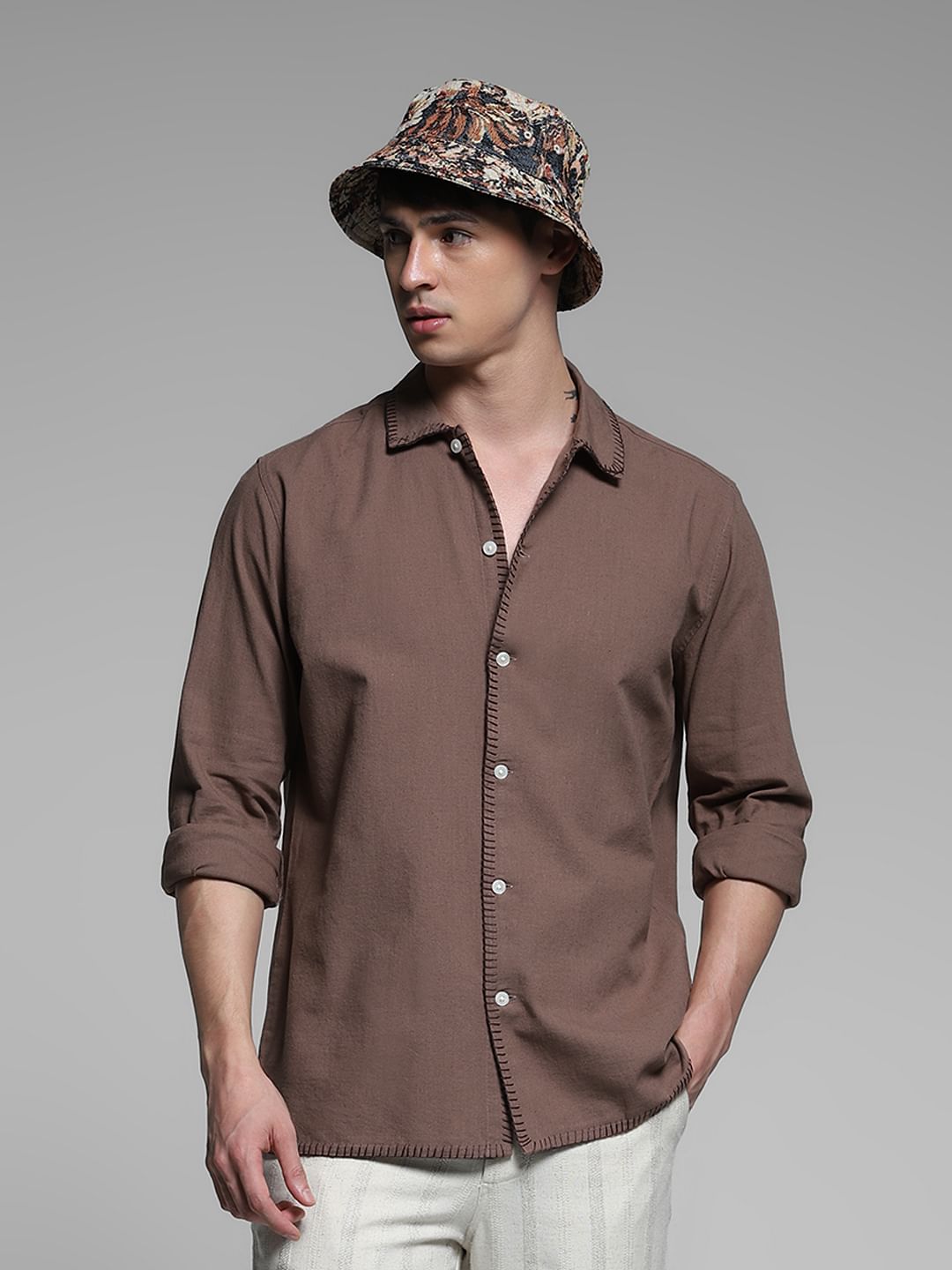 Brown Stitch Detail Cotton Shirt - XXL