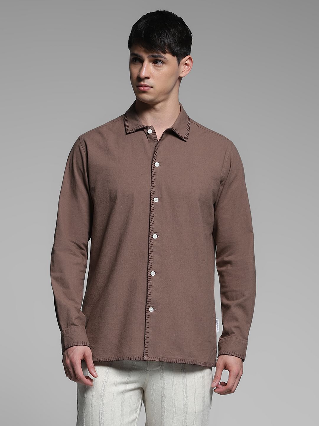 Brown Stitch Detail Cotton Shirt